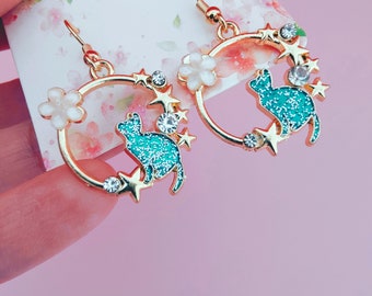 Teal Cat Earrings, Animal Lover Jewelry