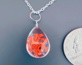 Dried Orange-Red Flower Glass Globe Necklace, Plant Jewelry