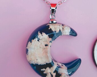 BLUE HALF MOON with White Clouds , Resin Crescent Moon , Moon Necklace for Mom , Blue Sky Cloud Pendant , Clear Blue Sky Necklace
