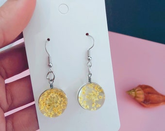 Yellow Dried Flower Resin Earrings, Boho Dangle Earrings