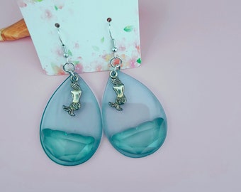 MERMAID THEMED EARRINGS, Mermaid Earrings, Water Drop Earrings with Mermaid, Gift for Teenager, Gift for Girlfriend, Ocean Themed Jewelry