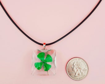 DRIED FOUR LEAF Clover pendant on black silk lace cord, Real Good Luck Charm Necklace, Irish Good Luck Jewelry, Square Glass Pendant