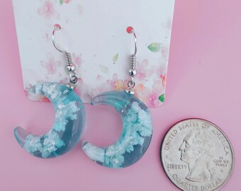 HALF MOON EARRINGS, Cloudy Half Moon Blue Sky Elegant Earrings, Crescent Sky Drop Earrings, Unique Blue Cloud Earrings, Moon Charm Earring