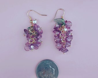 Purple Grape Beaded Resin Ear Hook Jewelry, Hand Made Beaded Resin Earrings, Resin with Faux Pearl Earring, Elegant Gift for Woman