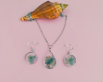 Dried Blue Flower Resin Jewelry Set, Floral Necklace and Earrings