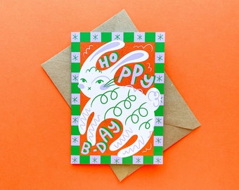 Carte d'anniversaire et enveloppe Hoppy - A6 - joyeux anniversaire jeu de mots lapin - mignon funky coloré - recyclé respectueux de l'environnement - Angharad Ffion Design