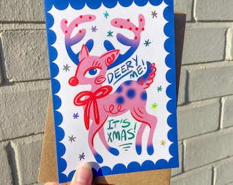 Deery moi ! C'est Noël ! Carte de voeux de Noël holographique avec enveloppe kraft - Renne rose kitsch mignon avec noeud - A6 - papier recyclé