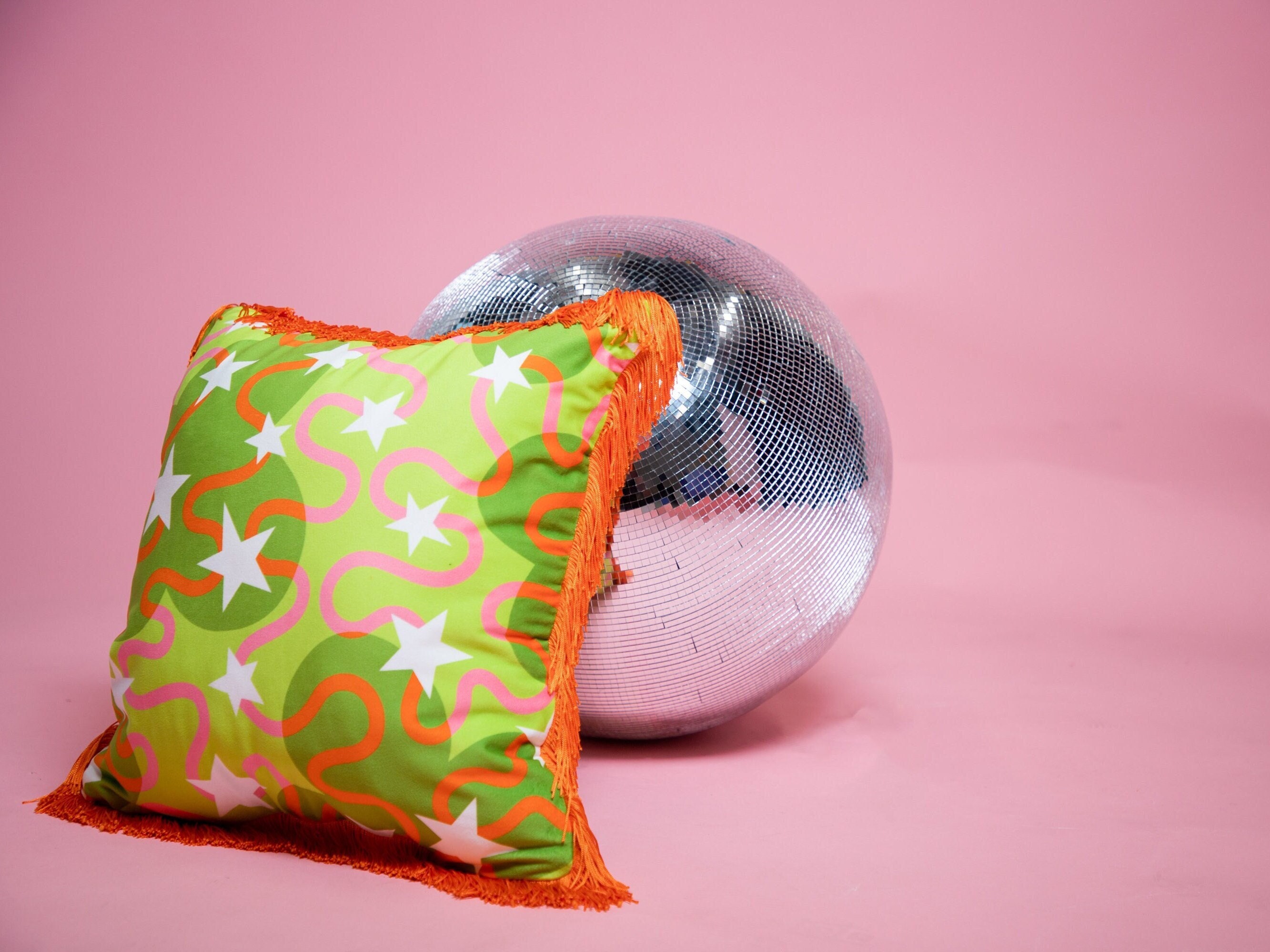 Eco velvet printed cushion cover with fringe trim - Funky squiggle star pattern - Sustainable recycled plastic - Angharad Ffion Design