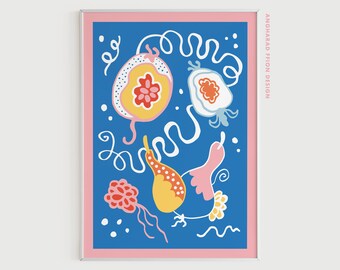 Impression d'art A5 A4 A3 fruits funky - nourriture abstraite - Angharad Ffion Design - respectueux de l'environnement / recyclé - affiche d'art murale lumineuse - cadeau botanique
