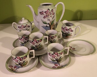 2 cups and saucers tea pot occupied Japan Vintage childrens tea set mix matched