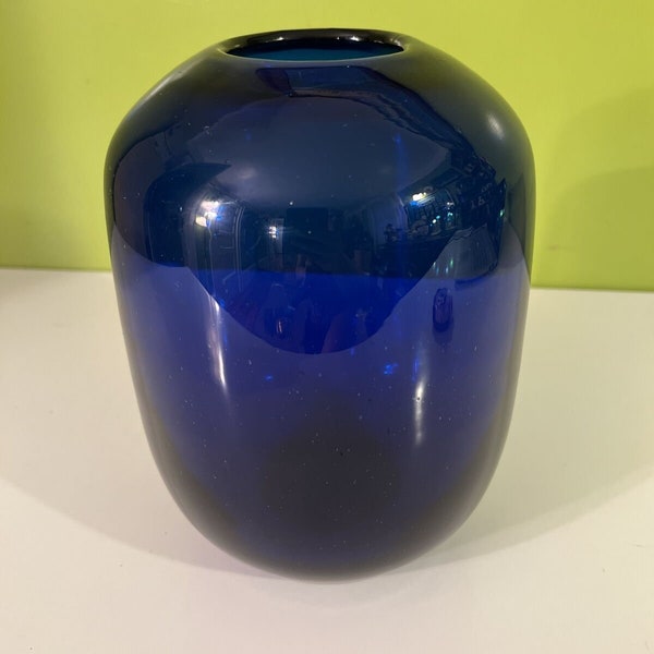 Blenko Don Shepherd Cobalt Sapphire Blue Art Glass Pill Vase #8016, Vintage 1980s, 9”