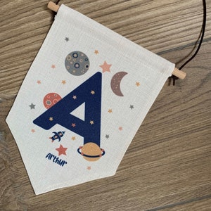 Space theme kids wall flag pennant, nursery flag, personalised linen print, nursery art, rocket banner