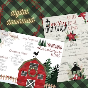 Può includere: Download digitale con miscele natalizie in stile fattoria. L'immagine include un'illustrazione di un fienile rosso con una ghirlanda, una banderuola a forma di gallo e testo come "Allegro e luminoso" e "Neve fresca". Lo sfondo ha un motivo a quadri verdi.