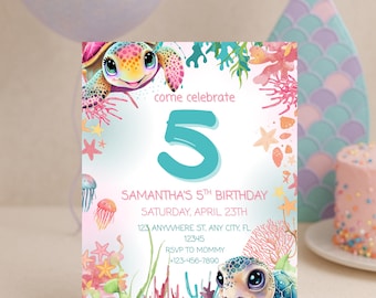 Sea Turtle Under the Sea Birthday Invitation | Editable Birthday Party Invite | Ocean Theme Birthday | Instant Download | 5x7" Printable