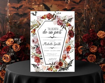 May include: A gothic-themed bridal shower invitation. The invitation features a coffin-shaped frame with the text "'Til Death do us part" and the name "Michelle Smith". Floral and bat illustrations decorate the invitation.