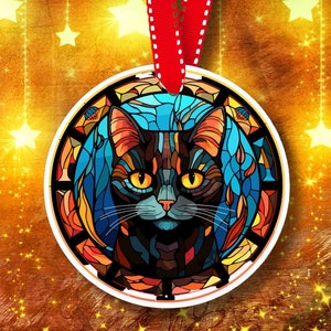 Cat Fall Ornament, Ceramic, Faux Stained Glass, Thanksgiving, Halloween Decor, Black Cat, Gift for Cat Lover, unique gift for thanksgiving
