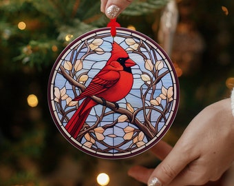 Cardinal Stain Glass Metal Christmas Tree Ornament, Cardinal Ornament, Personalized Cardinal Ornament, Stained Glass Bird House Ornament