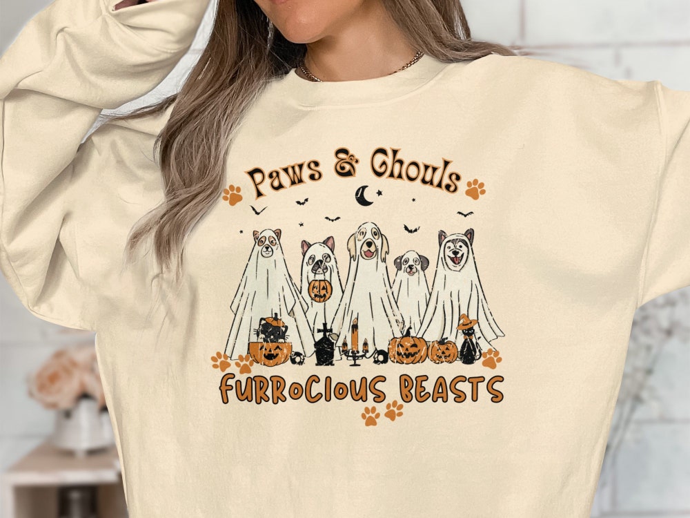Paws&Ghouls Halloween Shirt, Dog Halloween Shirt, Funny Halloween Sweatshirt, Halloween Tshirt, Gift For Halloween, Spooky Season Onlytee