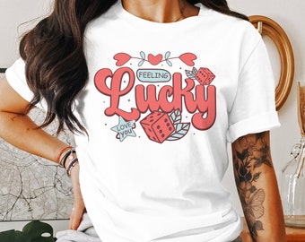 Feeling Lucky Graphic Tee, Dice and Love Hearts, Casual Trendy T-Shirt, Cute Women's Top, Gift for Gamers