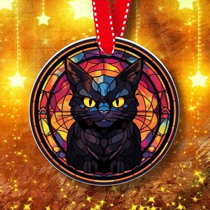 Cat Fall Ornament, Ceramic, Faux Stained Glass, Thanksgiving, Halloween Decor, Black Cat, Gift for Cat Lover, unique gift for thanksgiving