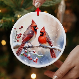 Red Cardinal Winter Wonderland Metal Christmas Tree Ornament, 4 inch diameter