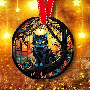 Cat Fall Ornament, Ceramic, Faux Stained Glass, Thanksgiving, Halloween Decor, Black Cat, Gift for Cat Lover, unique gift for thanksgiving