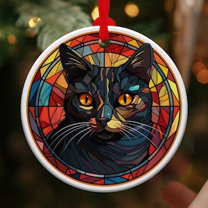 Cat Fall Ornament, Ceramic, Faux Stained Glass, Thanksgiving, Halloween Decor, Black Cat, Gift for Cat Lover, unique gift for thanksgiving