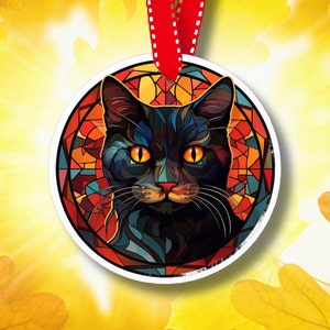 Cat Fall Ornament, Ceramic, Faux Stained Glass, Thanksgiving, Halloween Decor, Black Cat, Gift for Cat Lover, unique gift for thanksgiving