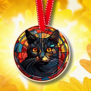 Cat Fall Ornament, Ceramic, Faux Stained Glass, Thanksgiving, Halloween Decor, Black Cat, Gift for Cat Lover, unique gift for thanksgiving