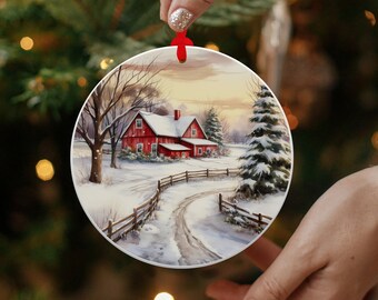 Wintery Farm Scene Metal Christmas Tree Ornament, Horse Christmas Tree Ornament, Personalized Ornament