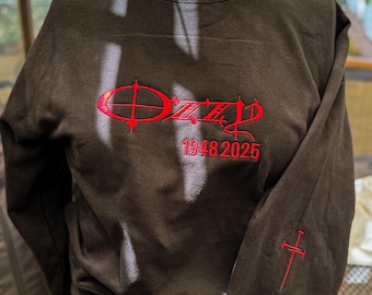 Ozzy Tribute Sweatshirt, Embroidered Memorial Shirt, 1948–2025 Gothic Pullover, Rock Legend Fan Gift, Heavy Metal, Black Red Stitch Crewneck
