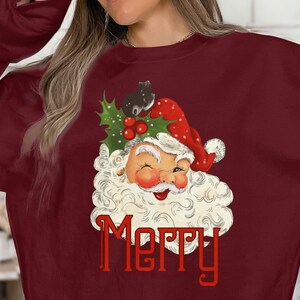 Vintage Santa Merry Christmas Sweatshirt Pullover, Xmas Shirt, Retro Gift, Cute Women&#39;s Top, Xmas Sweater, Holiday Funny Holiday Pullover