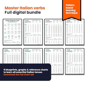 Domine a conjugação italiana – conjunto completo de tabelas digitais para aprender verbos italianos | planilhas para iniciantes e alunos intermediários de italiano.