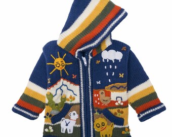 Andean Arpillería kids / boys sweater / cardigan with embroidery / applique work.