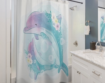 Dolphin shower curtain, Ocean bathroom, Cute shower curtain, Beach shower bath curtain, Coastal bath curtain, Sea life bathroom curtain Kids