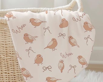 Custom Name Bird Bow Blanket, Personalized Beige Retro Bird Throw