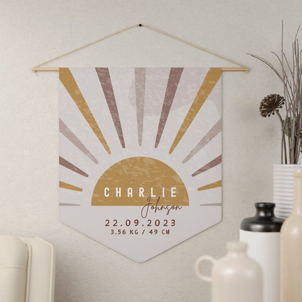 Personalized Boho Sun Name Wall Banner, Baby Stats Name Pennant, Sunshine Monogram Canvas Flag, Boho Nursery Wall Art, Kids Birthday Gift