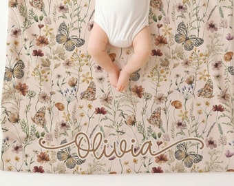 Personalized Aesthetic Butterfly Wildflower Swaddle, Baby Girl Name Blanket with Name, Baby Shower Birthday Christmas Gift, Hospital Blanket