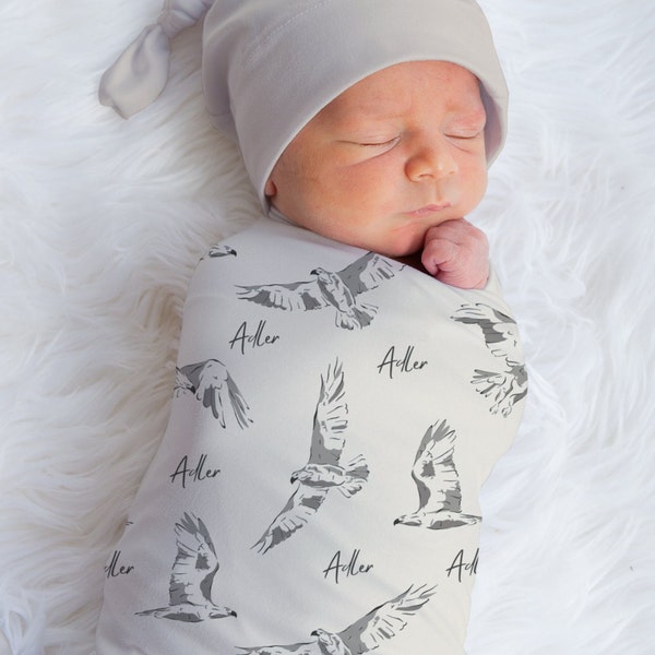 Eagle Personalized Swaddle Blanket Boy Girl, Flying Birds Baby Blanket with Name, Newborn hospital blanket, Baby Shower Gift, Gender Neutral