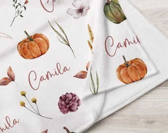 Personalized Fall Blanket, Cozy Pumpkin Throw, Autumn Farmhouse Thanksgiving Halloween Home Decor