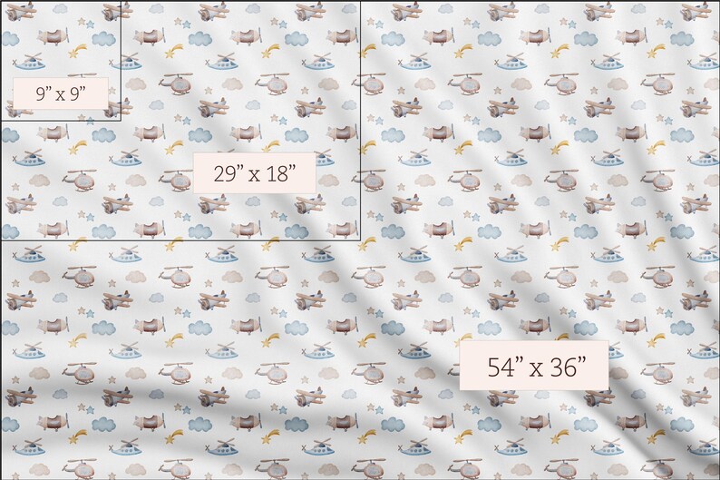 May include: White fabric with a repeating pattern of watercolor airplanes, helicopters, clouds, stars, and shooting stars. The fabric is available in 9" x 9", 29" x 18", and 54" x 36" sizes.