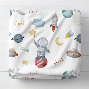 Personalized Space Astronaut Throw Blanket, Rocket Ship Planet Kids Room Decor