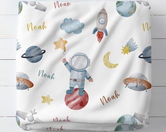 Personalized Space Astronaut Baby Blanket, Rocket Ship Planet Swaddle