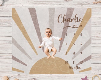 Personalized Boho Sun Milestone Blanket Gender Neutral, Newborn Gift
