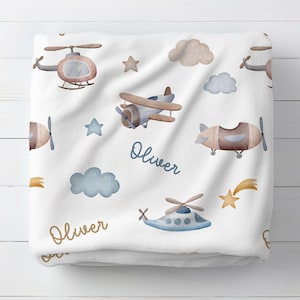 Airplane Baby Swaddle Blanket, Personalized Baby Boy Blanket with Name, Newborn Gift, Baby Shower Gift, Custom Kids Birthday Gift