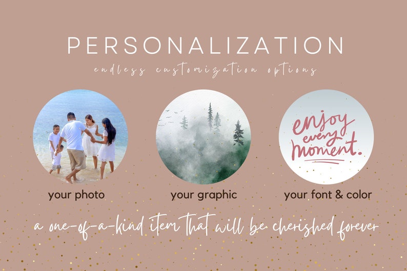 May include: A graphic design template with three circles. The first circle shows a photo of a family on a beach. The second circle shows a watercolor painting of a forest. The third circle shows a handwritten quote that says "enjoy every moment." The text below the circles says "endless customization options" and "a one-of-a-kind item that will be cherished forever."