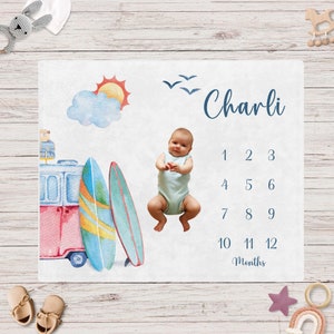 Surf baby monthly milestone Blanket boys girls, Surfboards Beach holiday Personalized name newborn gift, Aesthetic colorful Minky sherpa