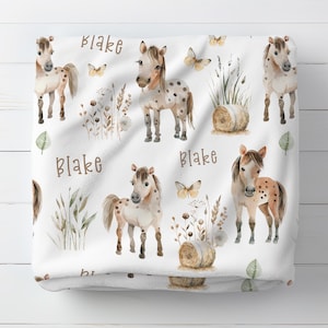 Cute Horse Baby Blanket Personalized, Baby Swaddle with Name Gender Neutral, Farm Animal Birthday Baby Shower Gift, Farmhouse Nursery Decor