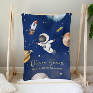 Space Astronaut Baby Boy Blanket, Blue Personalized Rocket Ship Planet Swaddle,Newborn Gift,Outer Space Baby Shower Toddler Blanket Birthday