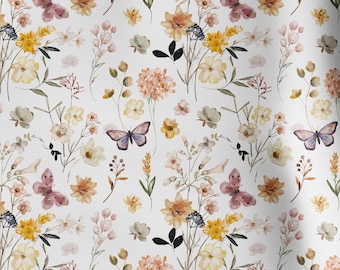 Floral Pima Cotton Fabric, Butterfly Wildflower Extra Soft Quilt Material